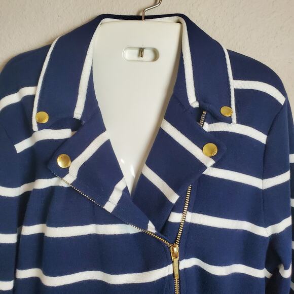 Chaps Navy Striped Zip Jacket Gold Button Nautical Blazer Style Women L Preppy - Picture 3 of 8